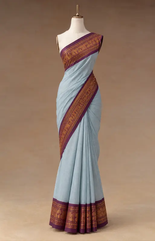 Chettinad Cotton Blue Gray Saree With Purple Border