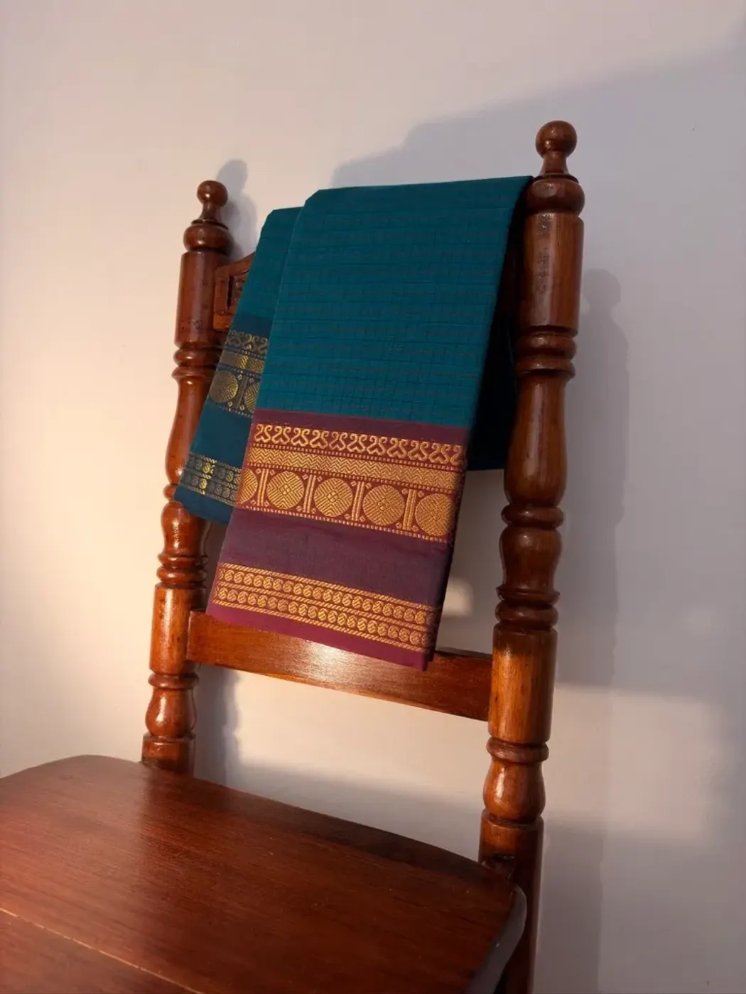 korvai cotton teal saree with dark green and dual tone purple green border — 3