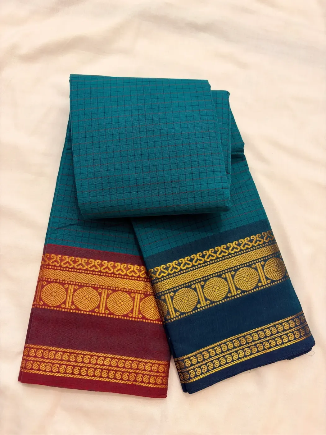 korvai cotton teal saree with dark green and dual tone purple green border — 2
