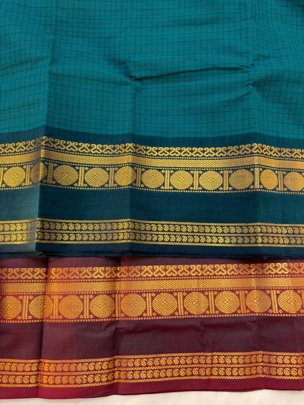 korvai cotton teal saree with dark green and dual tone purple green border — 4