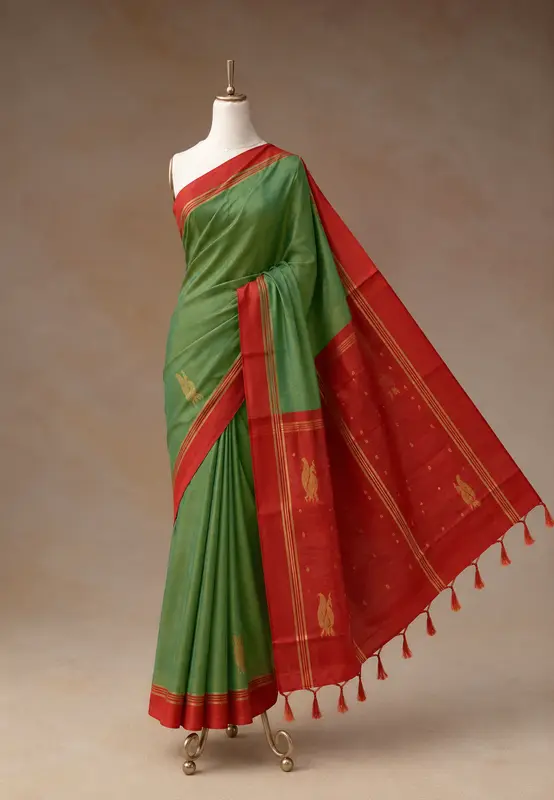 Ilai Pachai & Milagai Pazham Handloom Vaallai Pattu Saree