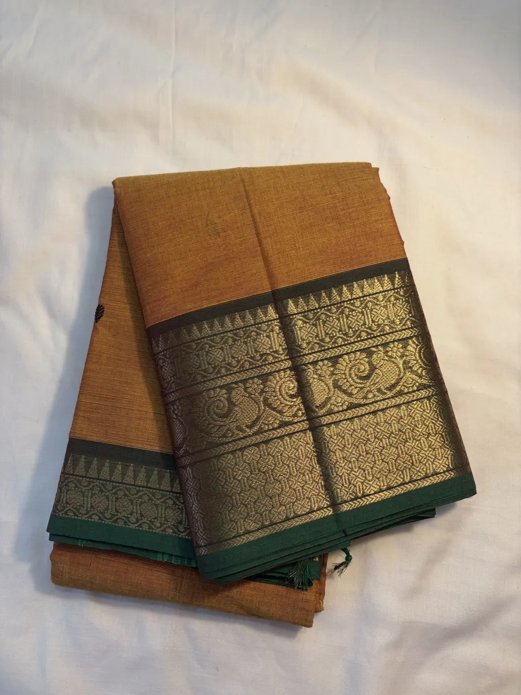 kanchi cotton yellow saree with green border and black butta — 2