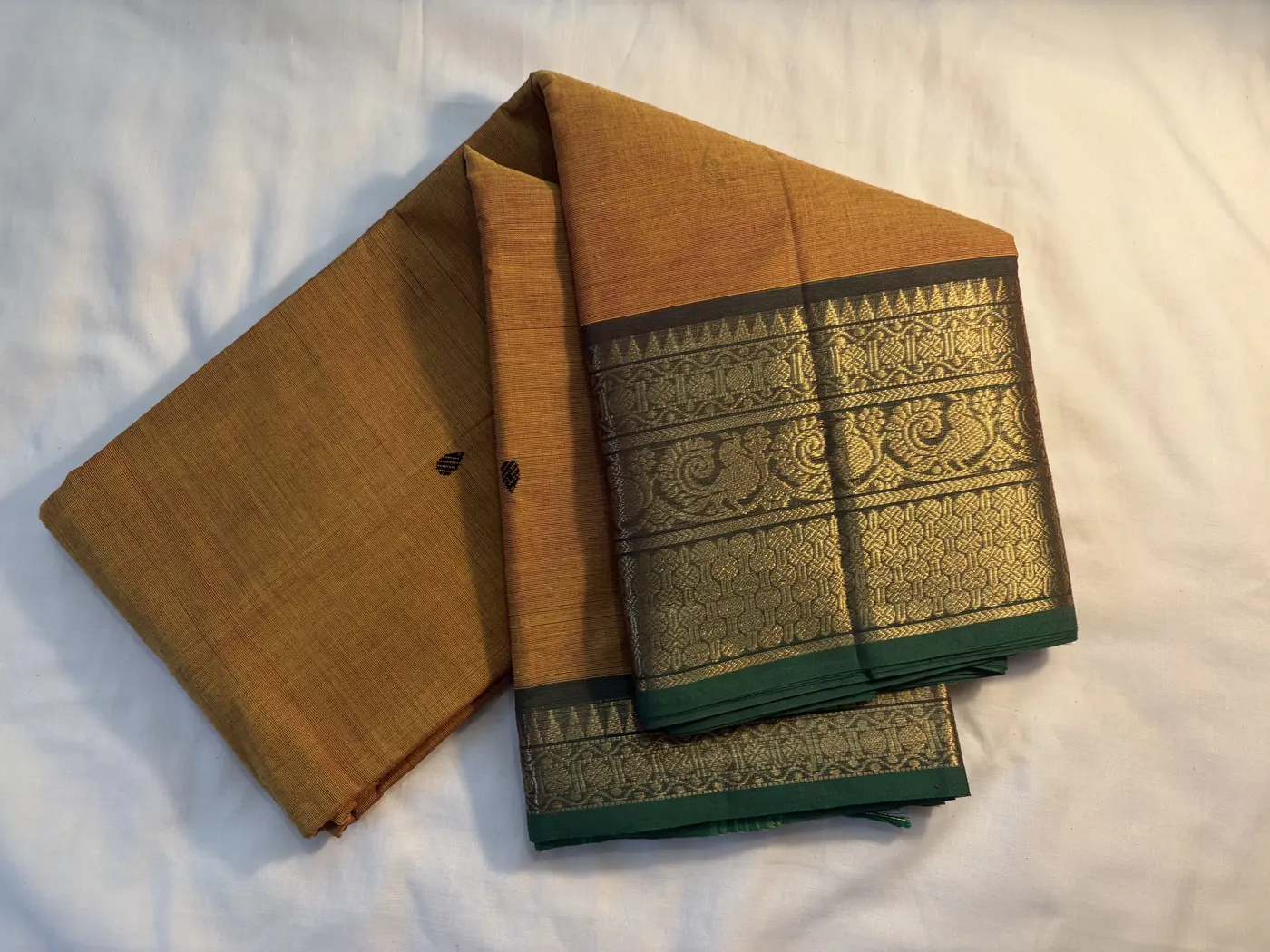 kanchi cotton yellow saree with green border and black butta — 3
