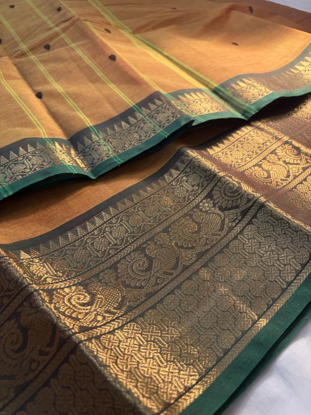 kanchi cotton yellow saree with green border and black butta — 4