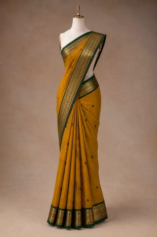 Kanchi Cotton Yellow Saree With Green Border And Black Butta
