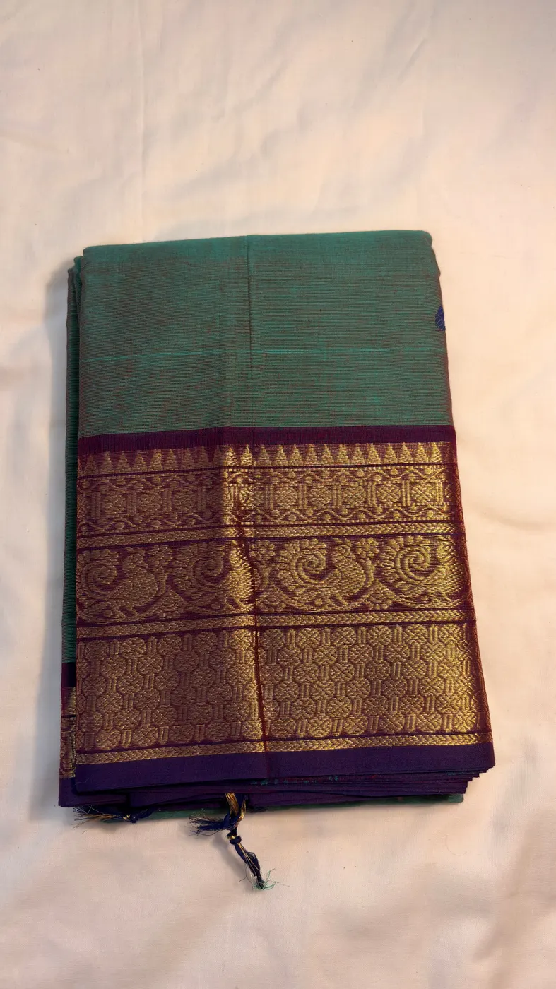 kanchi Cotton dual tone green and purple saree with purple border and blue butta — 2