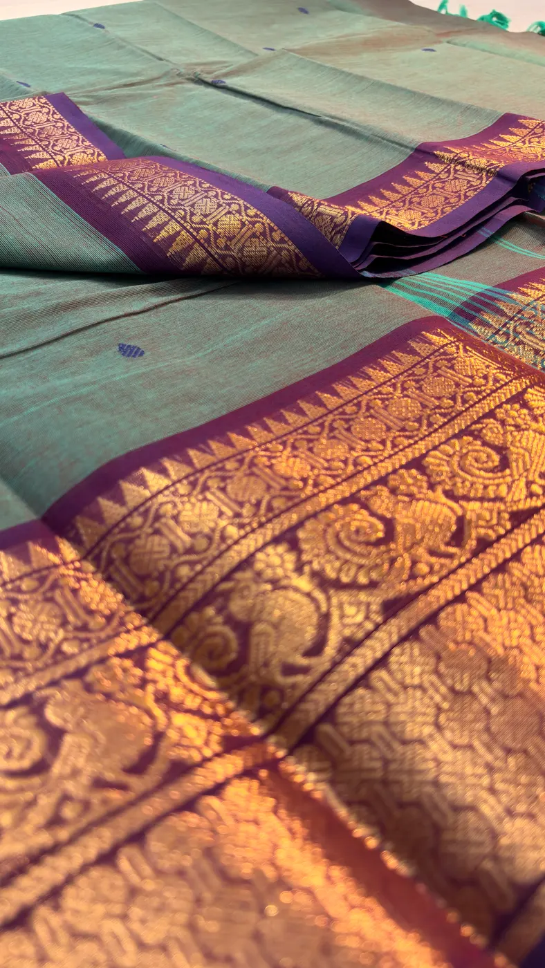 kanchi Cotton dual tone green and purple saree with purple border and blue butta — 3
