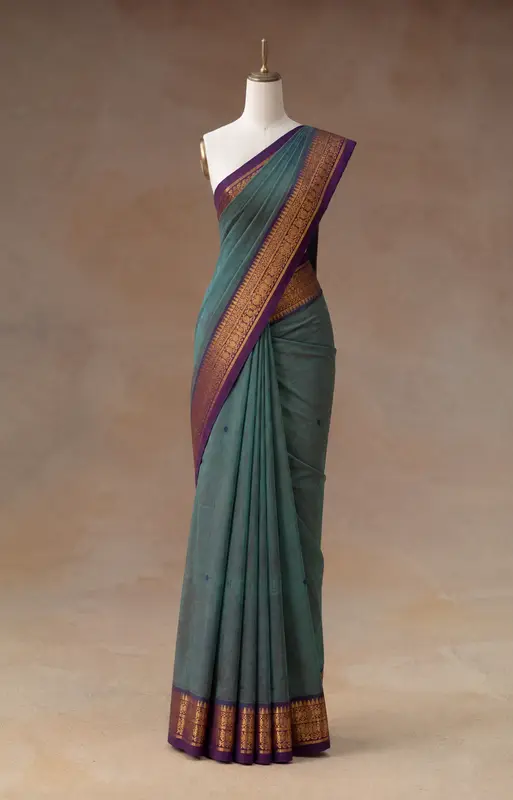 Kanchi Cotton Dual Tone Green And Purple Saree With Purple Border And Blue Butta