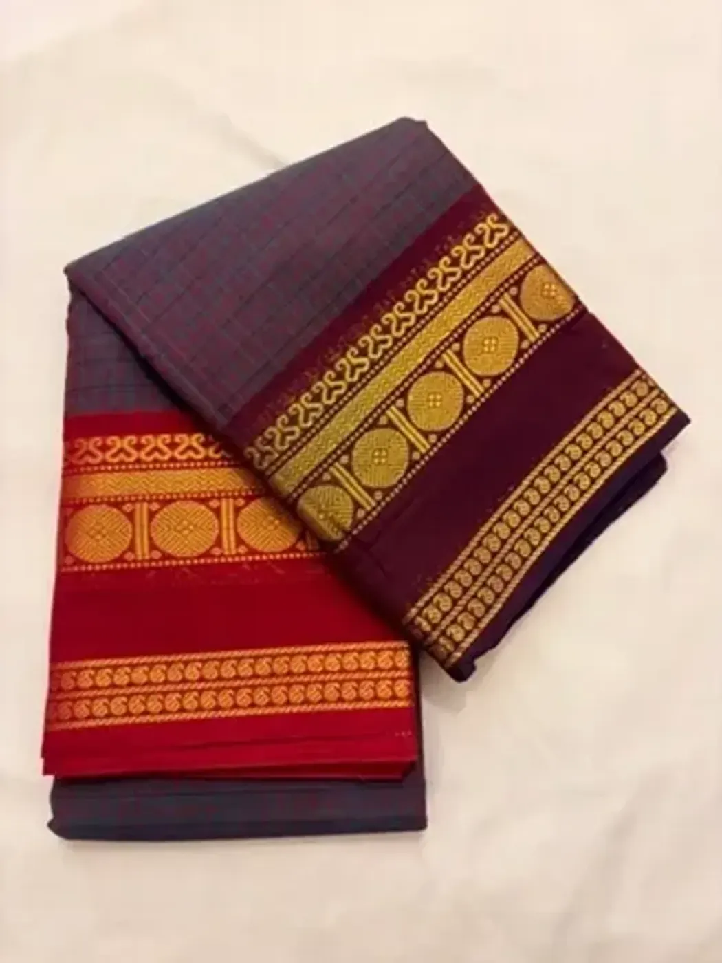 korvai cotton dual tone green and purple saree with red and purple border — 2