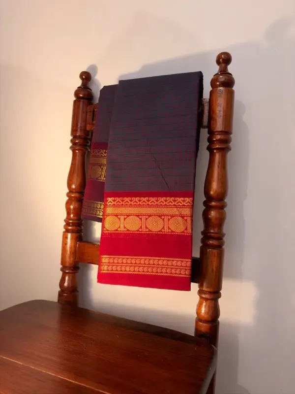 korvai cotton dual tone green and purple saree with red and purple border