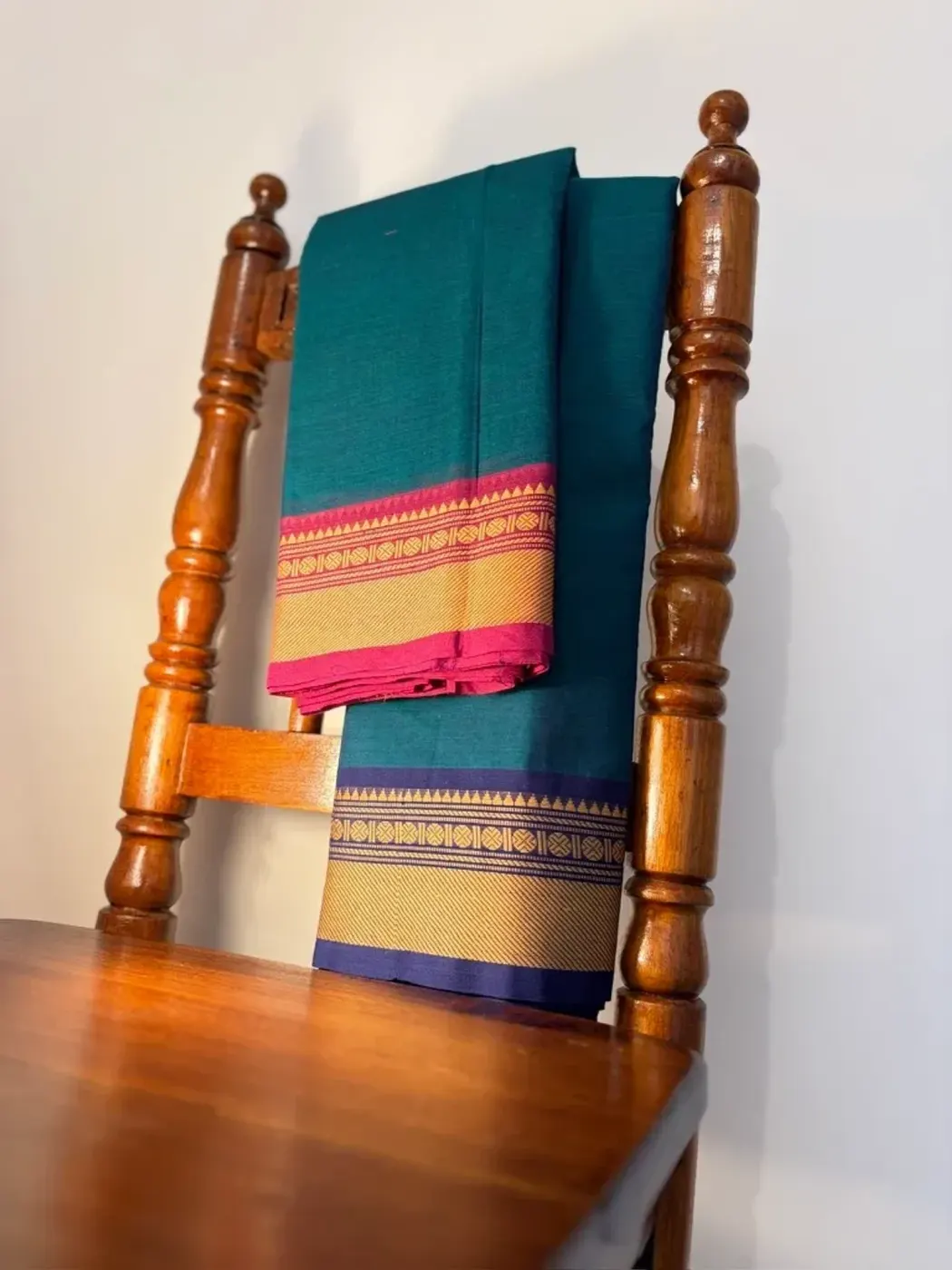 chettinad cotton teal saree with pink and blue border — 3