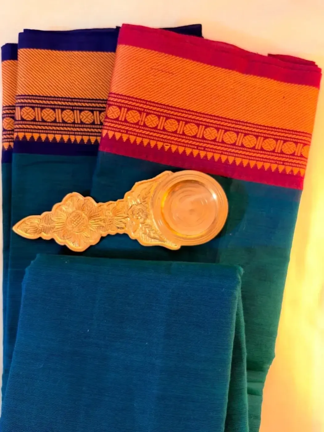 chettinad cotton teal saree with pink and blue border — 4