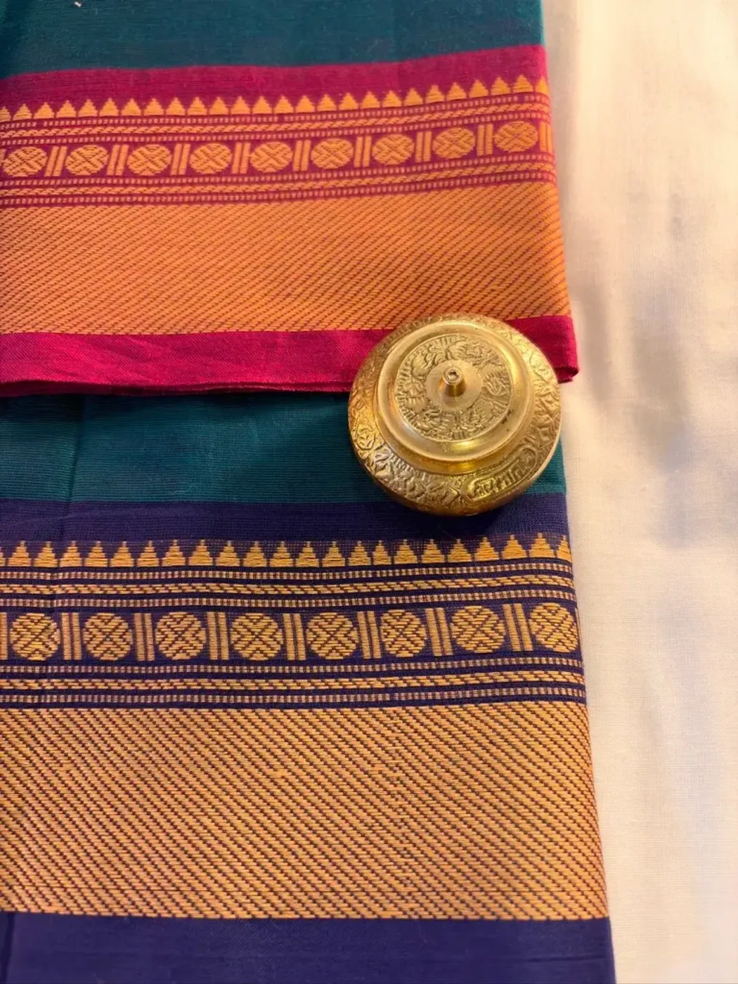 chettinad cotton teal saree with pink and blue border — 2