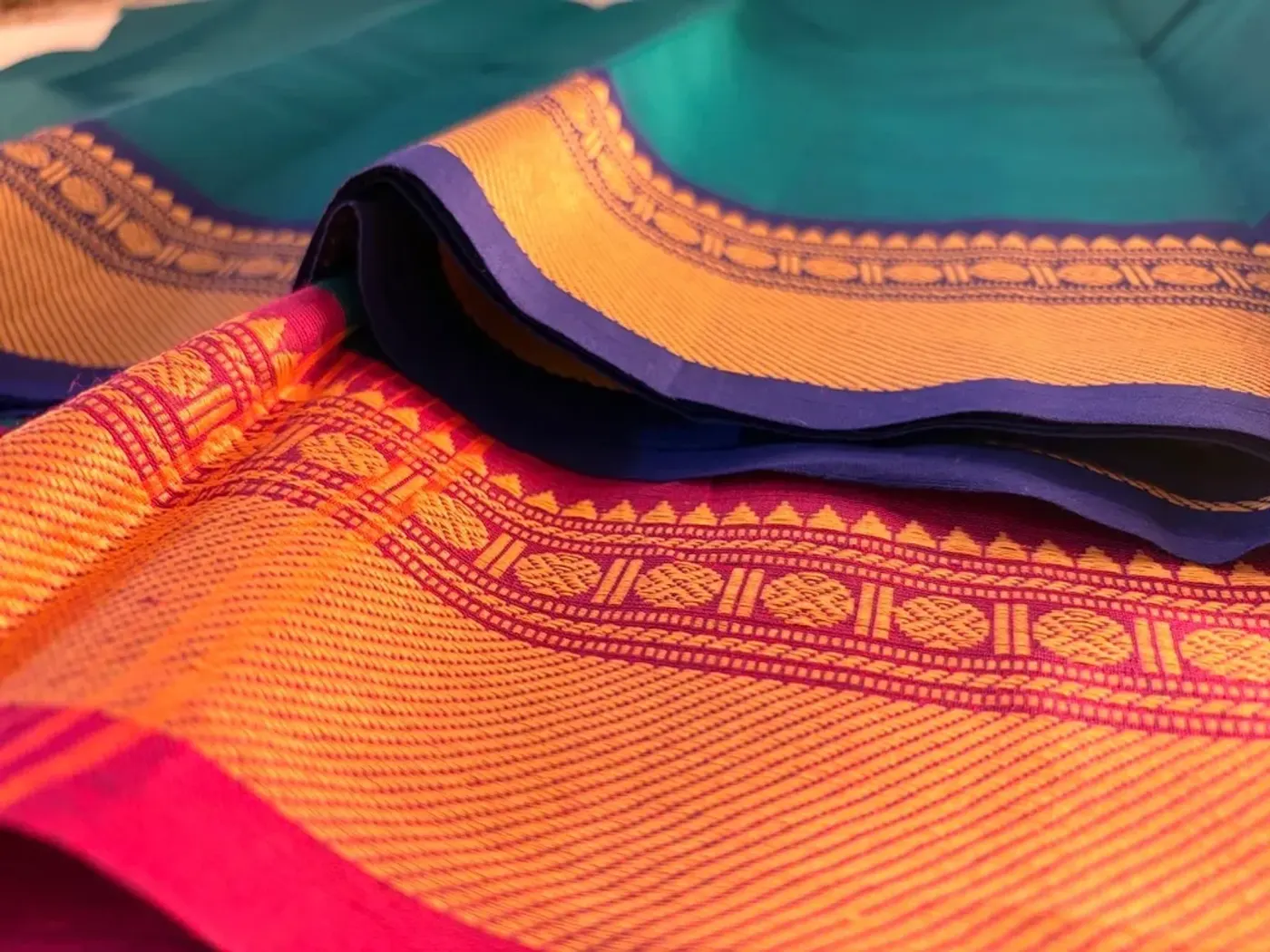 chettinad cotton teal saree with pink and blue border — 5