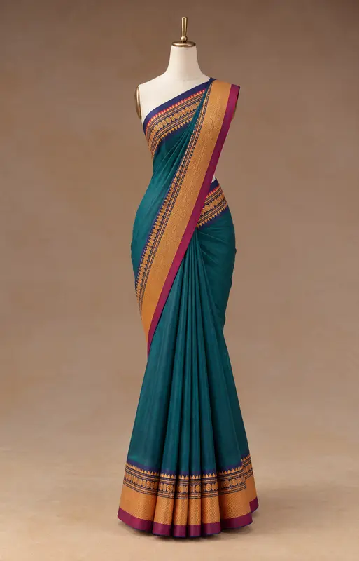 Chettinad Cotton Teal Saree With Pink And Blue Border
