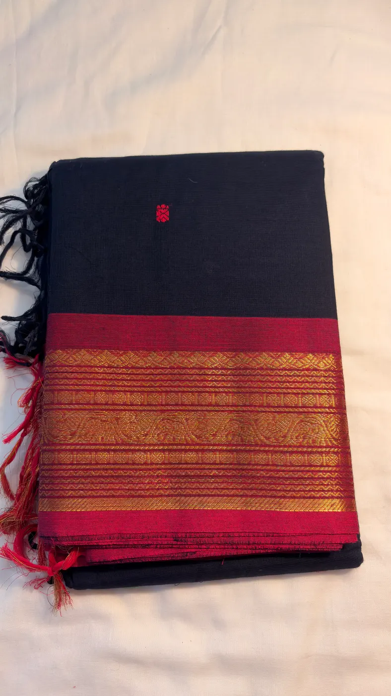 kanchi Cotton dark blue saree with dark pink border and dark pink butta — 2