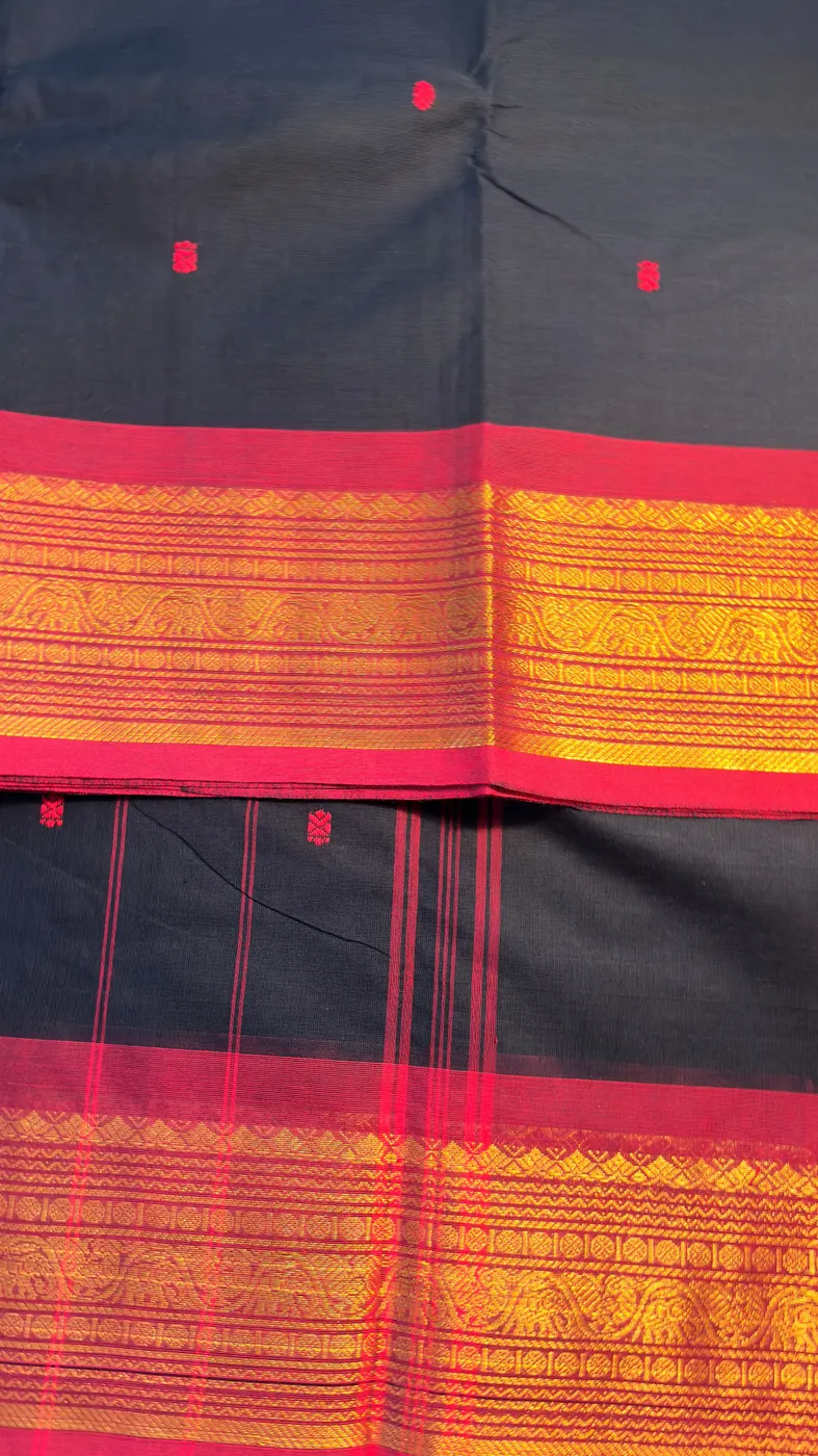 kanchi Cotton dark blue saree with dark pink border and dark pink butta — 3