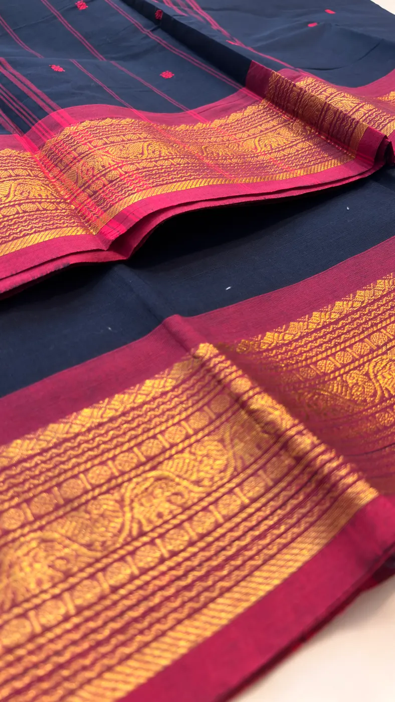 kanchi Cotton dark blue saree with dark pink border and dark pink butta — 1