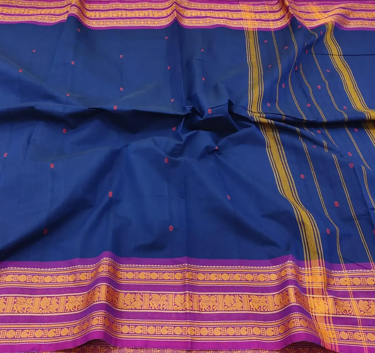 Navy Blue Saree With Pink Border And Butta — 1