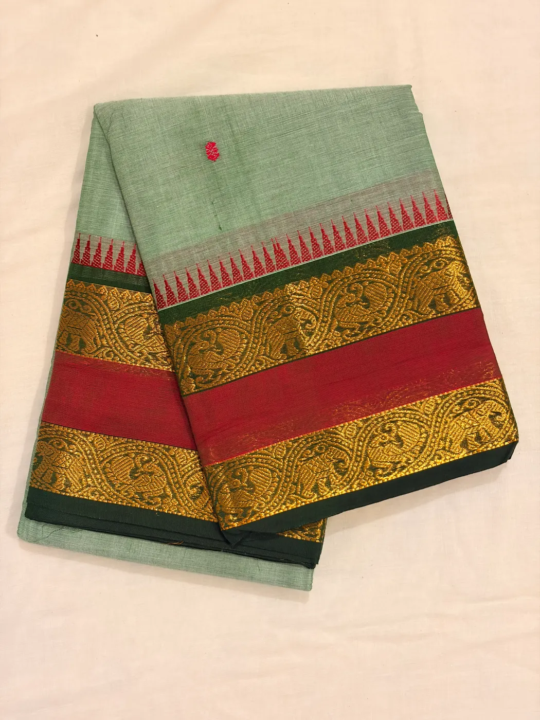 Mint Green, Dark Green & Maroon Kanchipuram Cotton Saree — 2