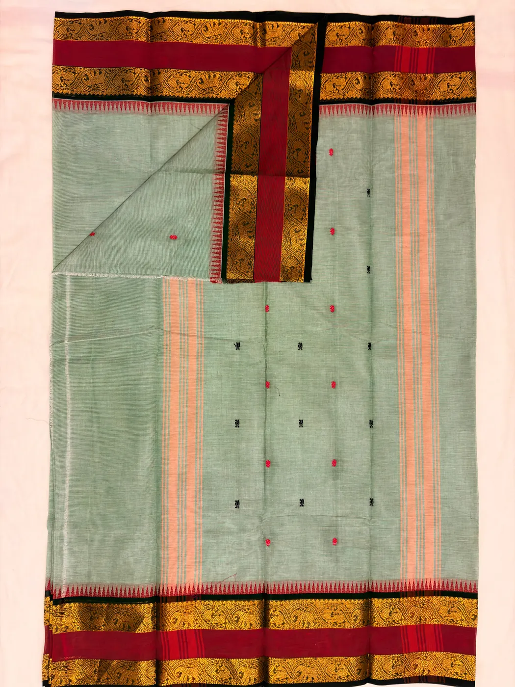 Mint Green, Dark Green & Maroon Kanchipuram Cotton Saree — 3