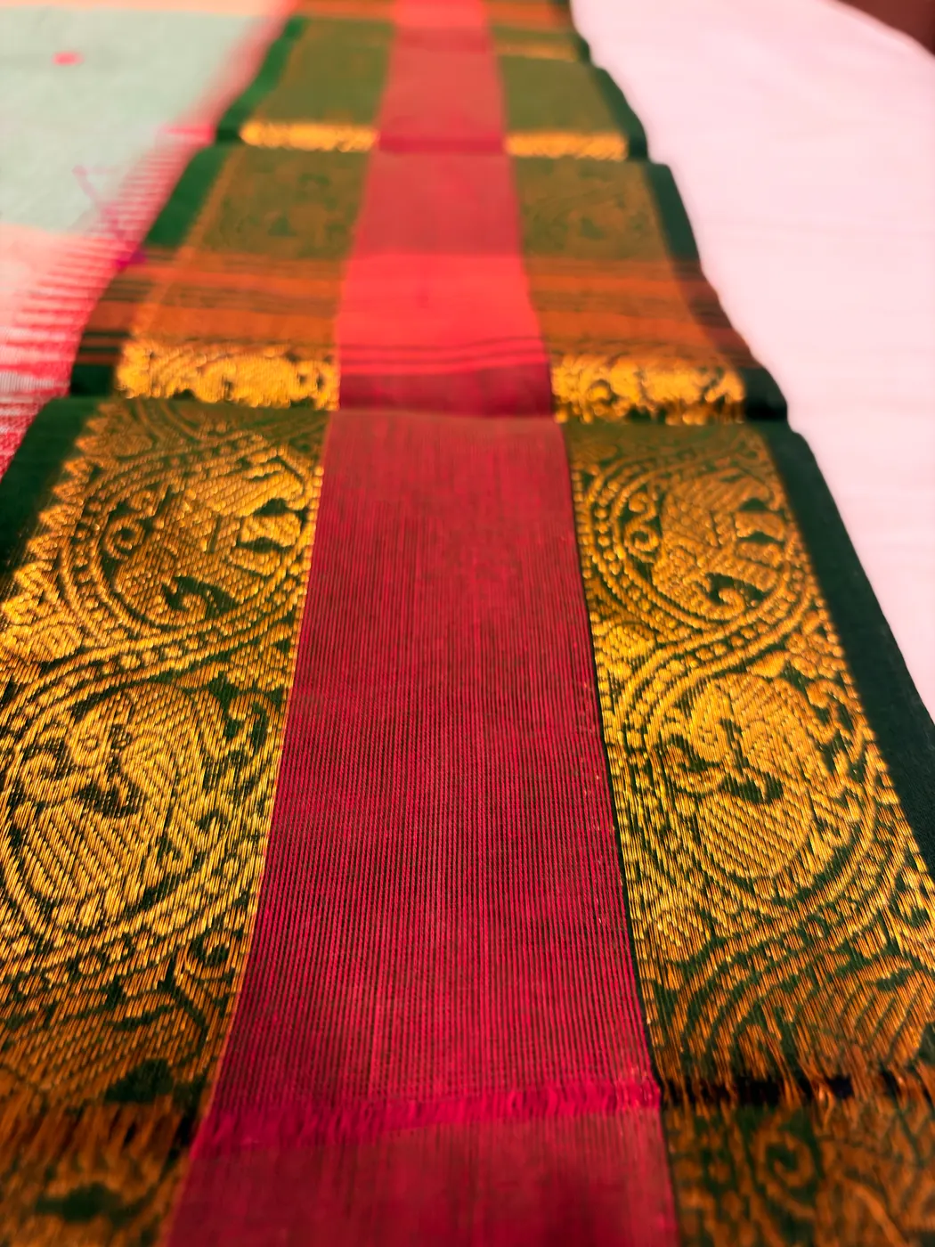 Mint Green, Dark Green & Maroon Kanchipuram Cotton Saree — 4