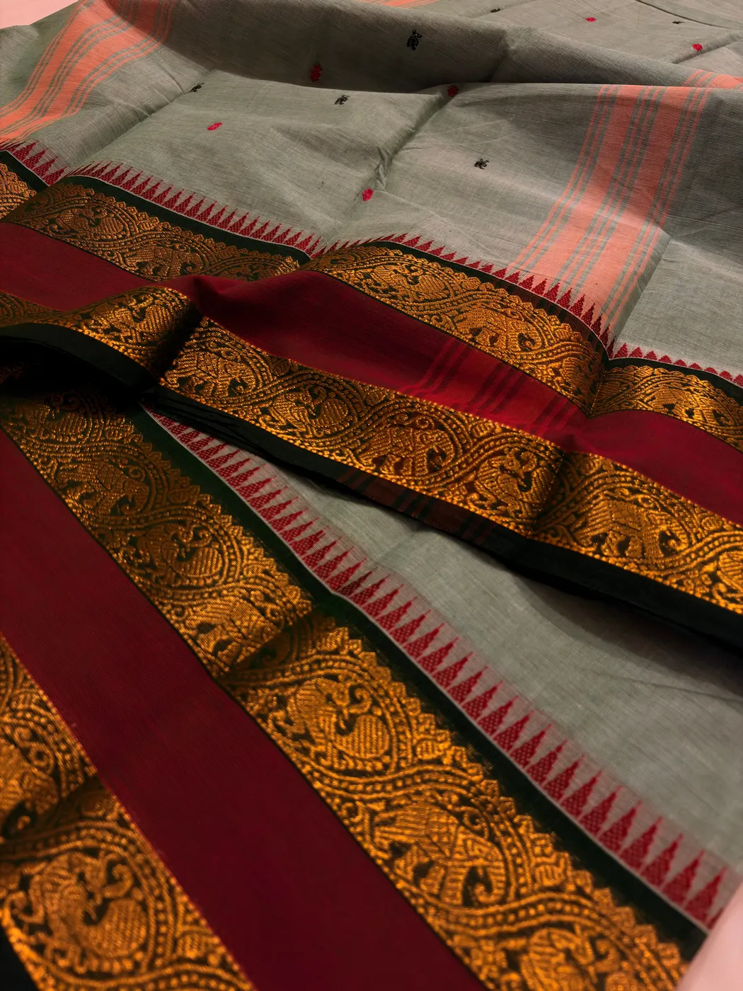 Mint Green, Dark Green & Maroon Kanchipuram Cotton Saree — 5