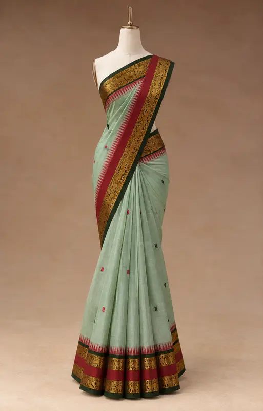 Mint Green, Dark Green & Maroon Kanchipuram Cotton Saree