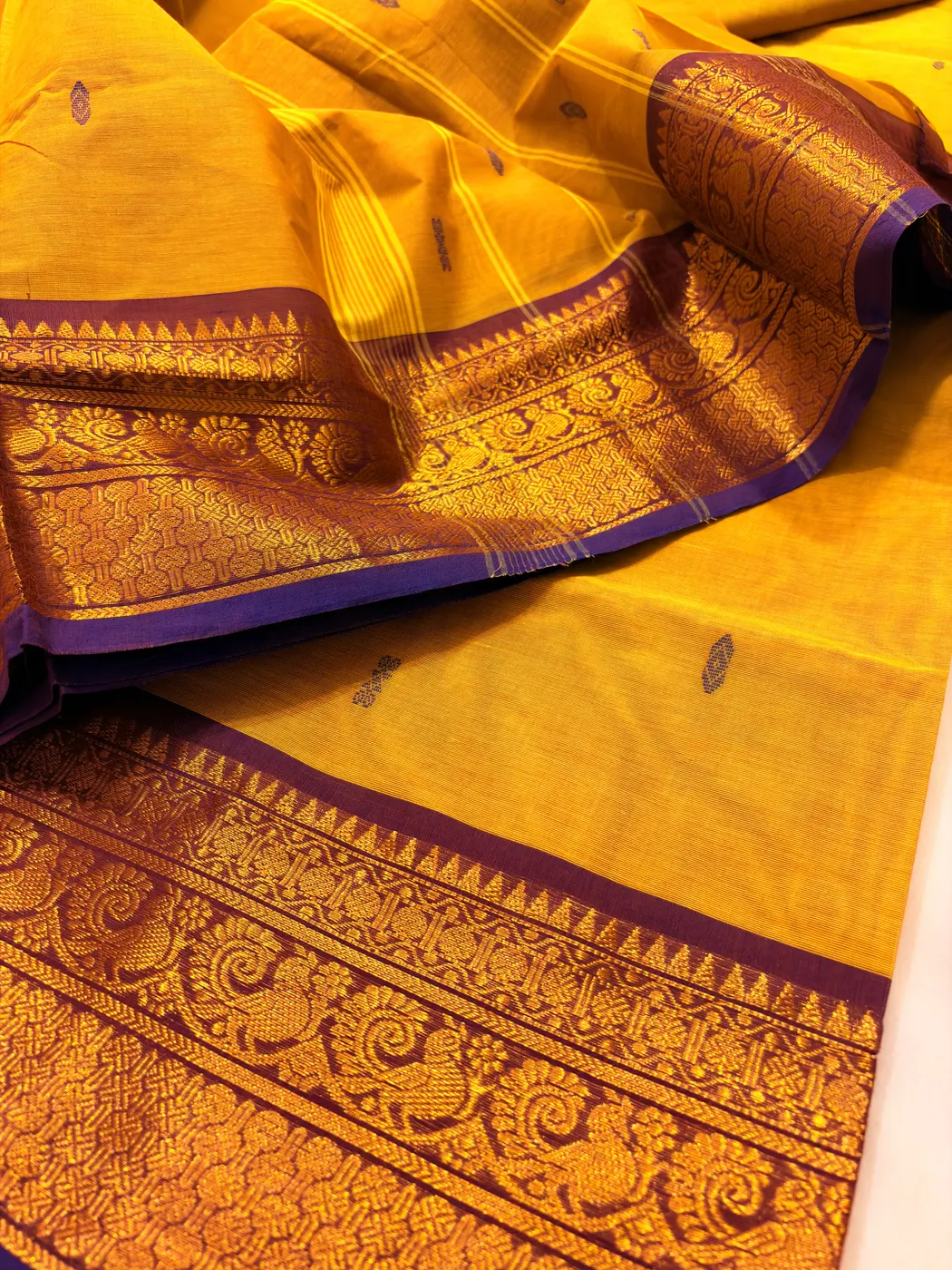 Methi Yellow & Dark Purple Kanchipuram Cotton Saree — 3