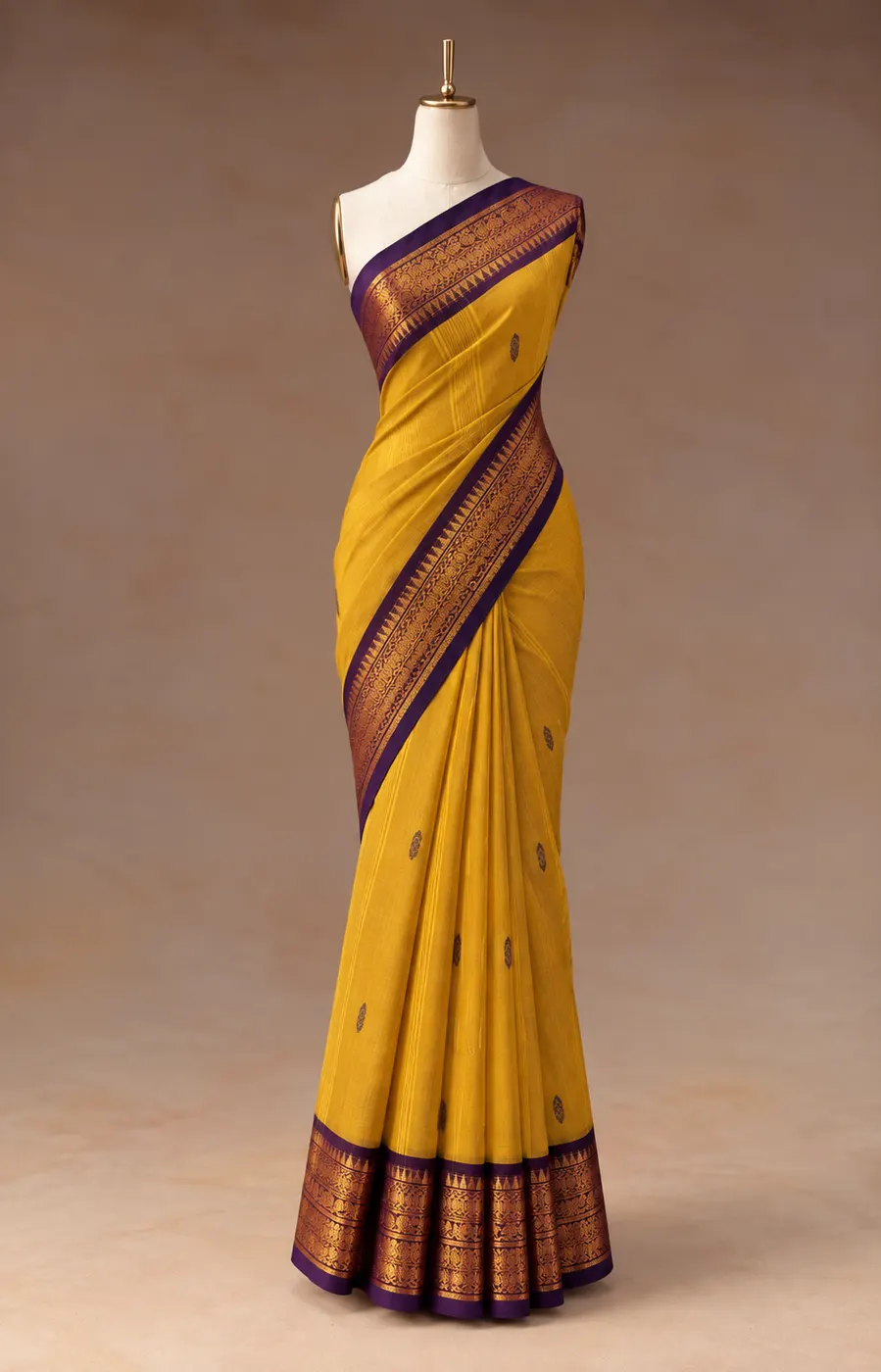 Methi Yellow & Dark Purple Kanchipuram Cotton Saree — 1