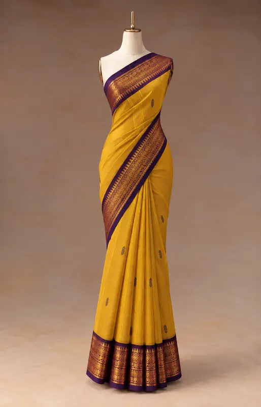 Methi Yellow & Dark Purple Kanchipuram Cotton Saree
