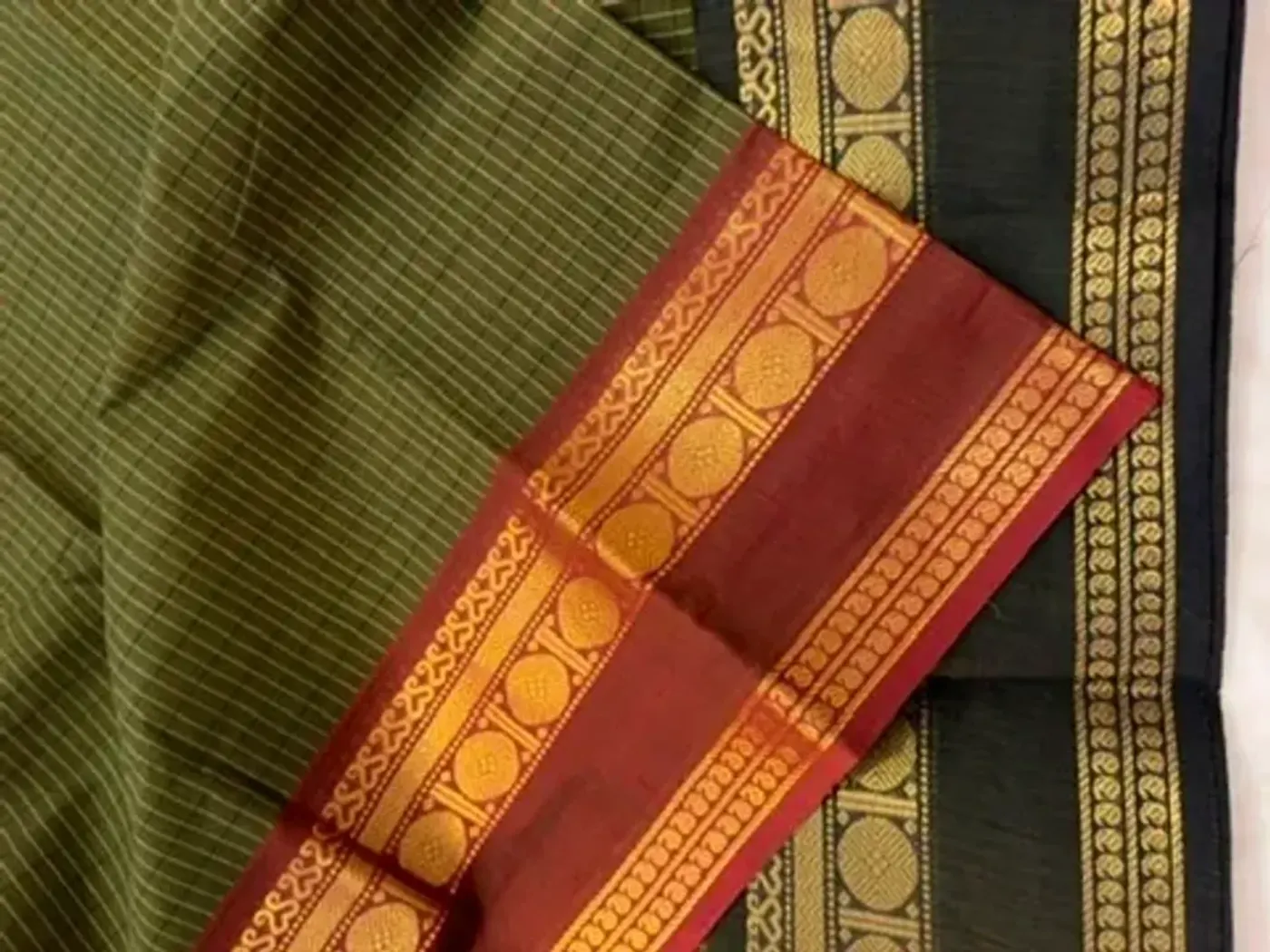 korvai cotton green saree with maroon and dark green border — 4