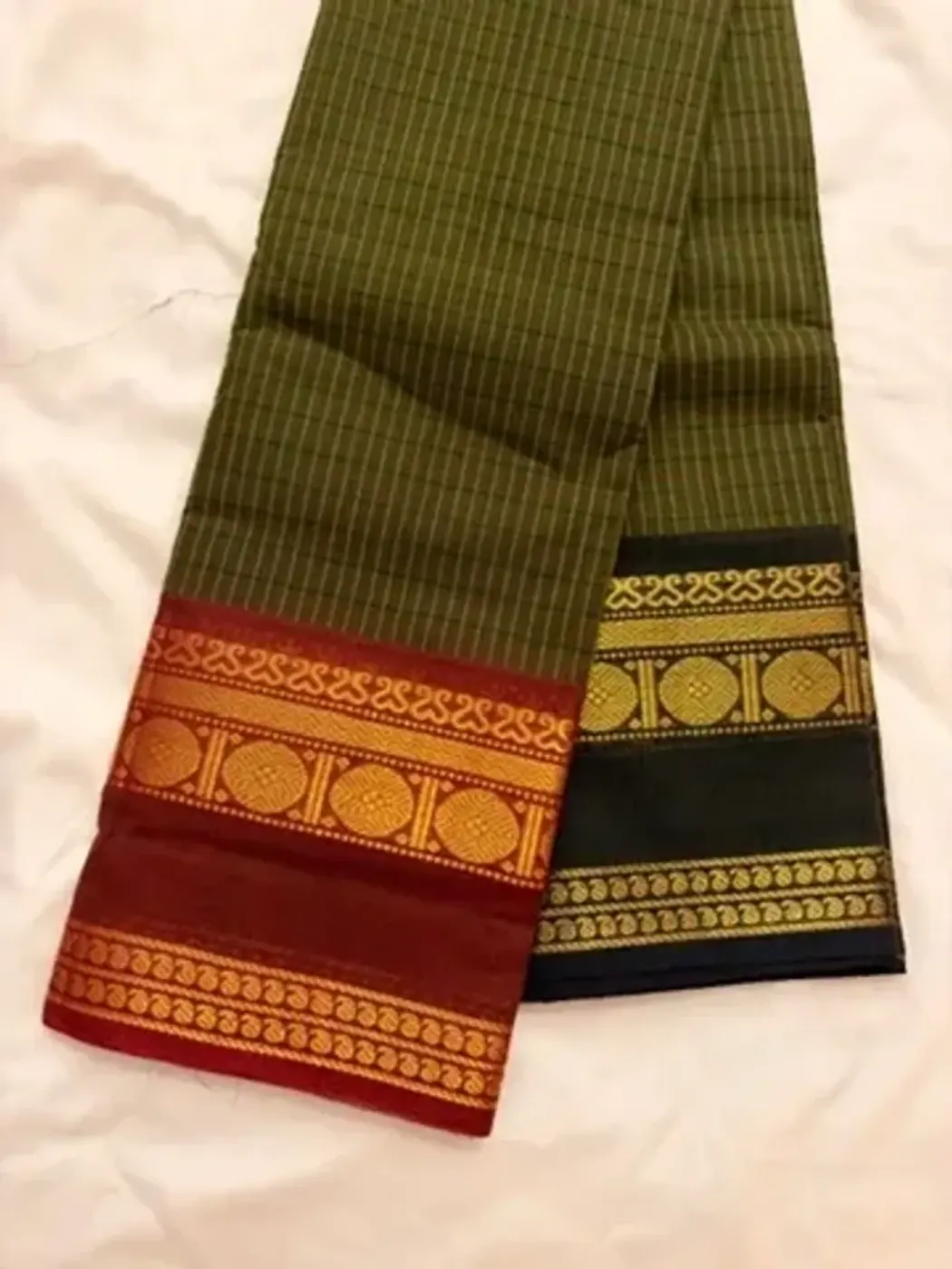 korvai cotton green saree with maroon and dark green border — 5