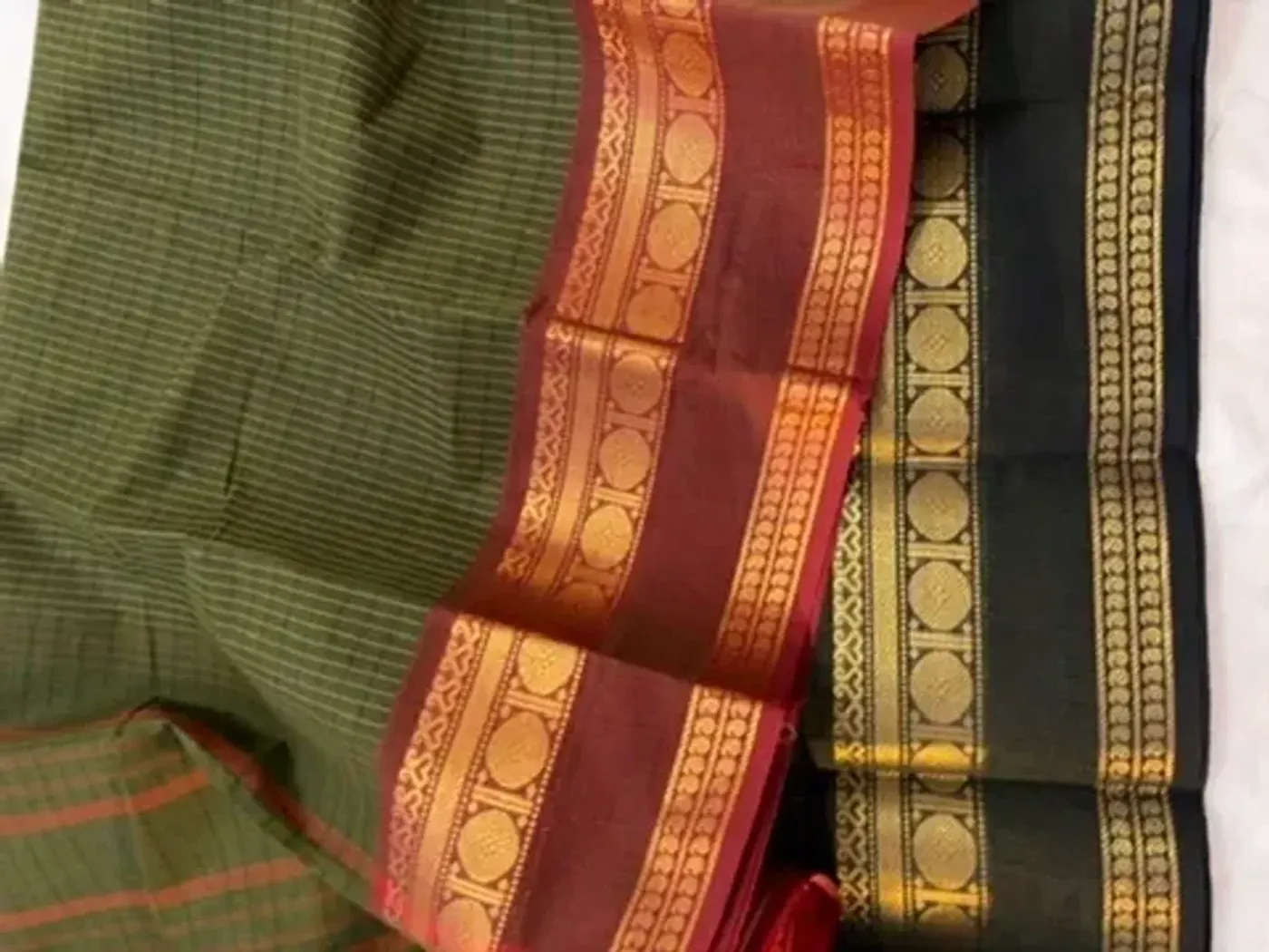 korvai cotton green saree with maroon and dark green border — 2