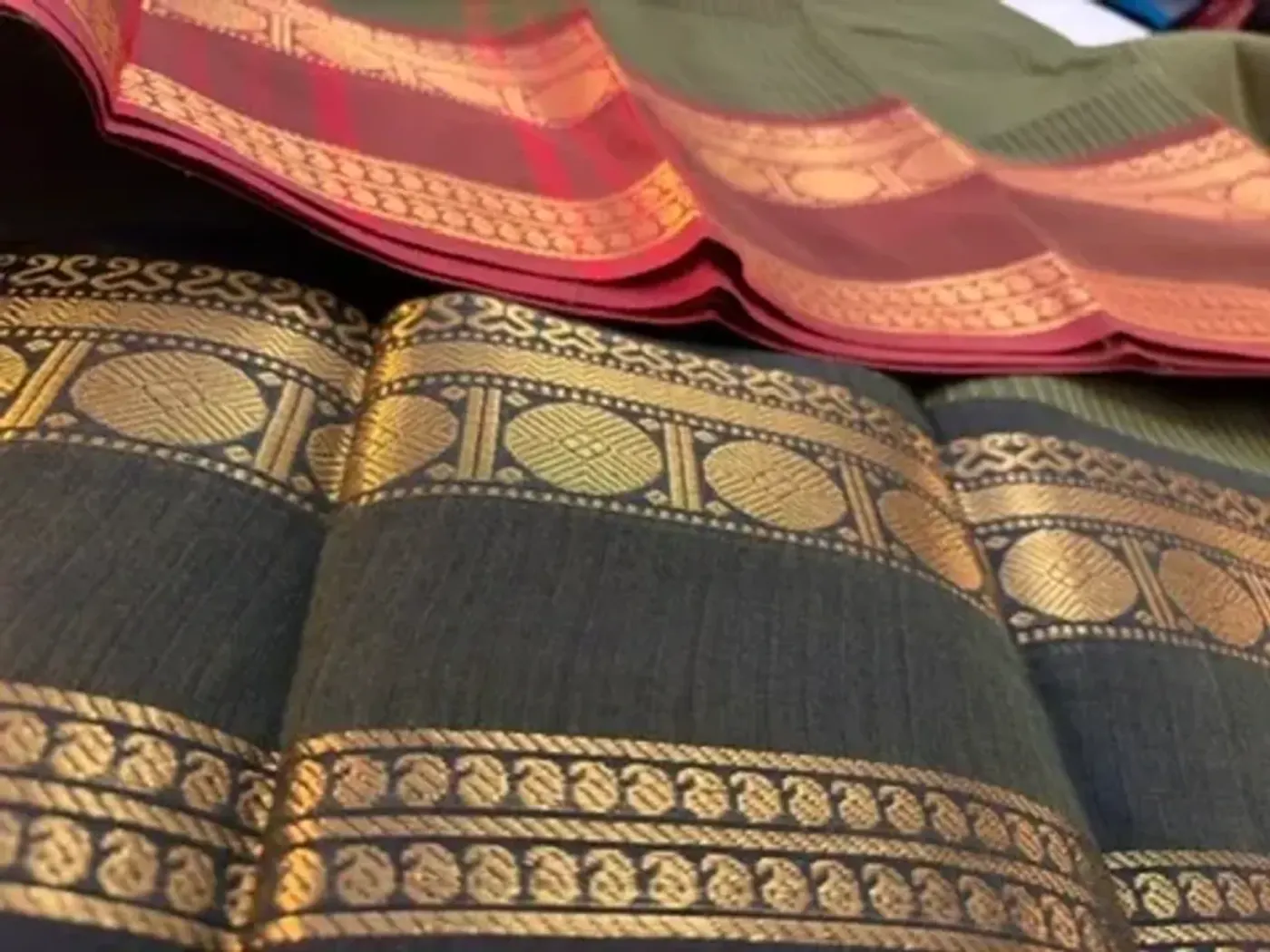korvai cotton green saree with maroon and dark green border — 1