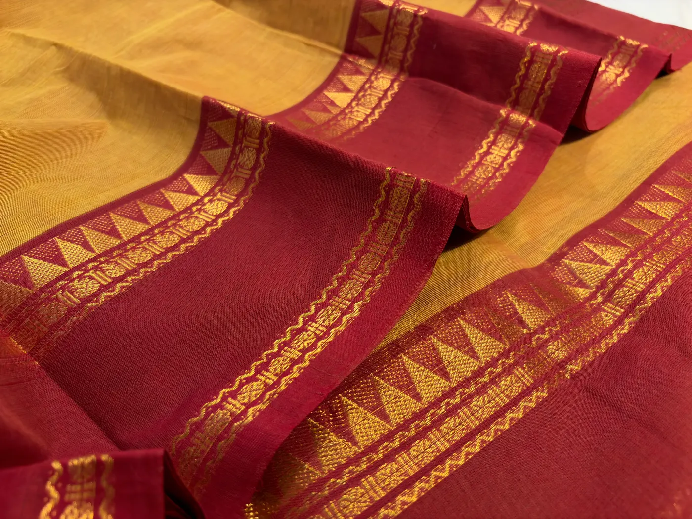 chettinad cotton yellow saree with maroon border — 3