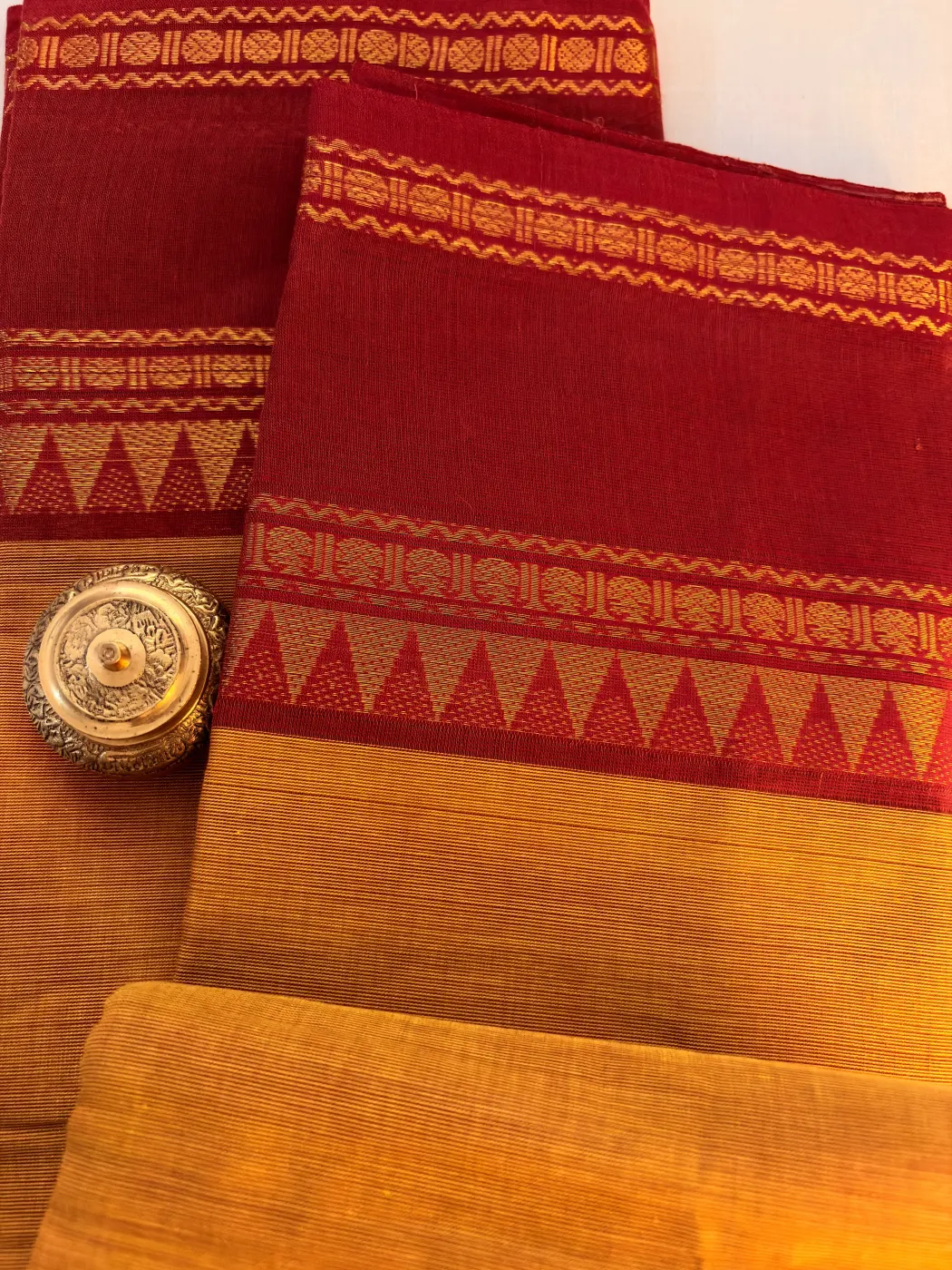 chettinad cotton yellow saree with maroon border — 2