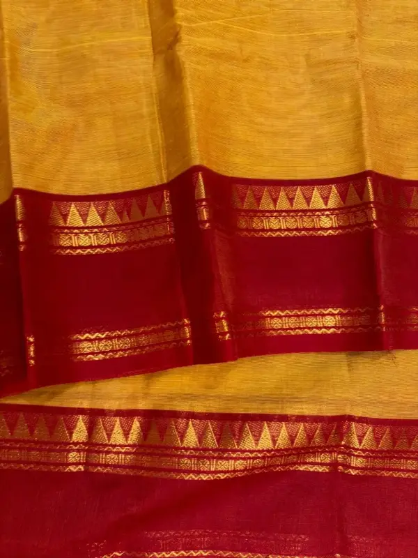 chettinad cotton yellow saree with maroon border