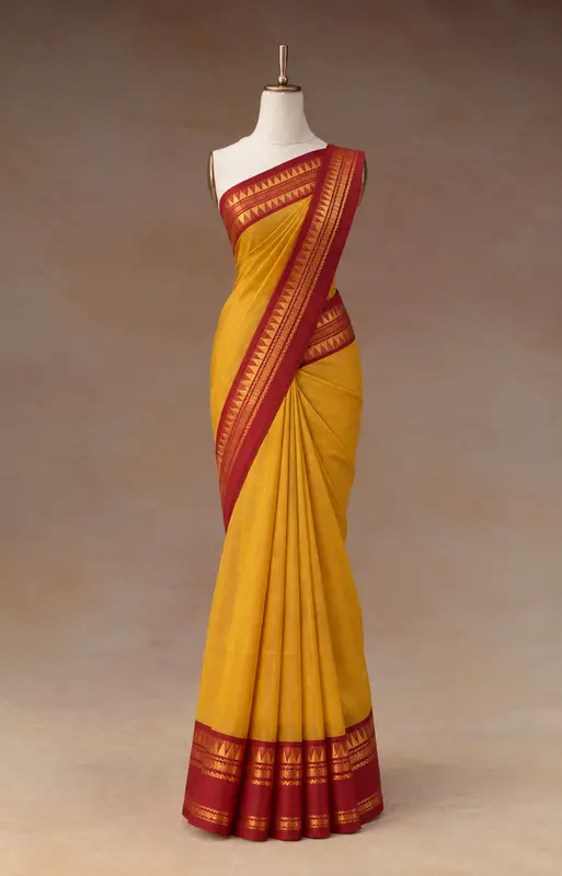 Chettinad Cotton Yellow Saree With Maroon Border