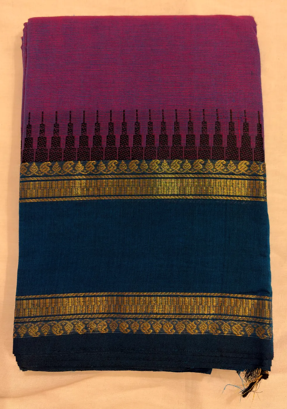 Kanchi Cotton Purple Saree with Blue Border — 2