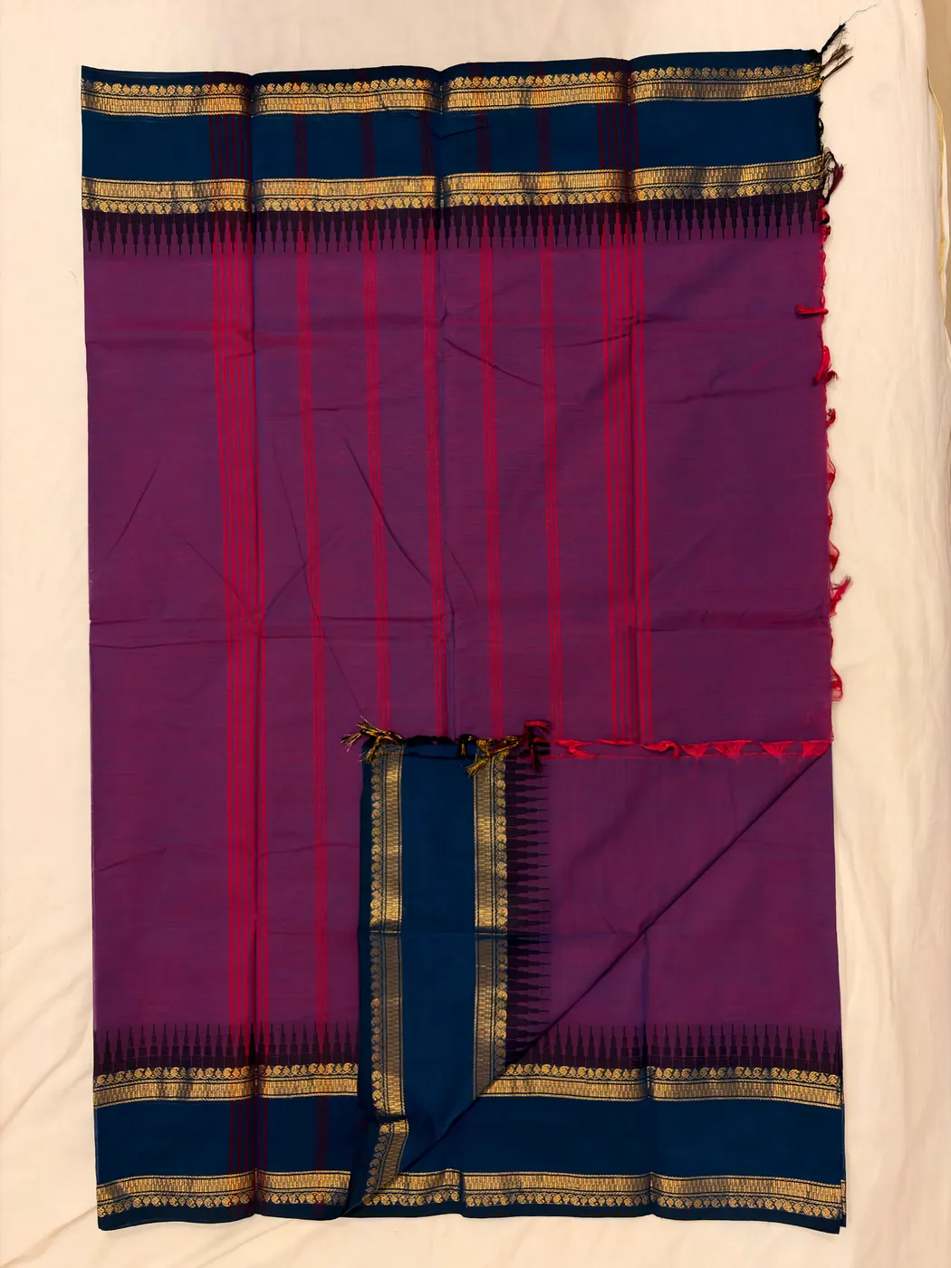 Kanchi Cotton Purple Saree with Blue Border — 3