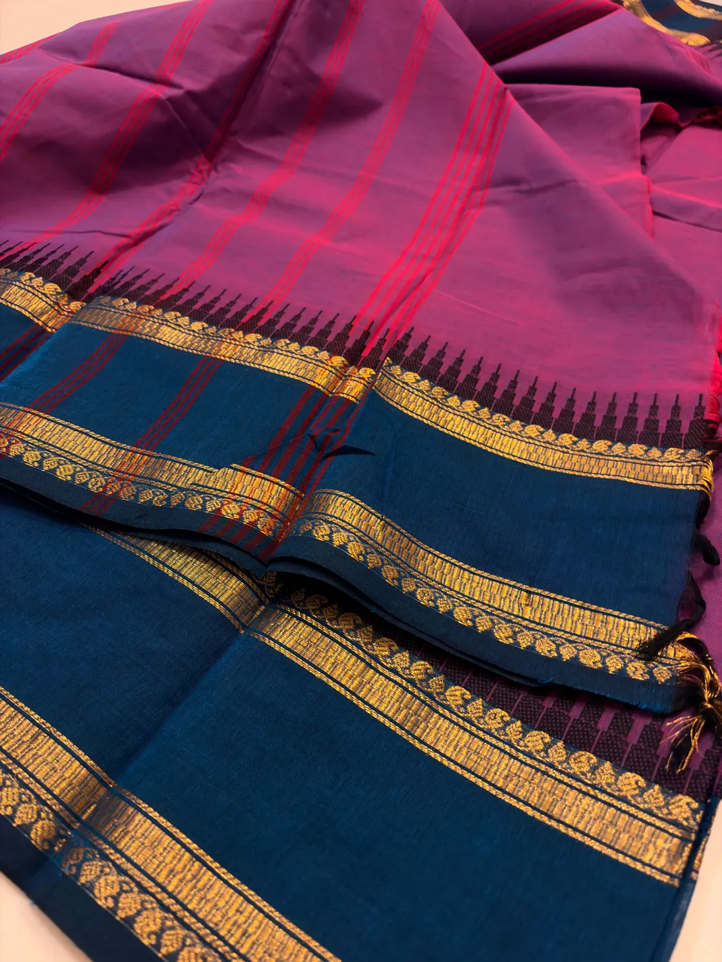 Kanchi Cotton Purple Saree with Blue Border — 4
