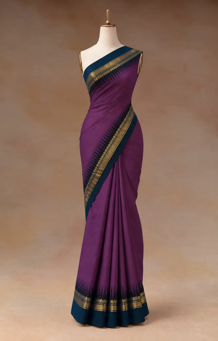 Kanchi Cotton Purple Saree With Blue Border — 1