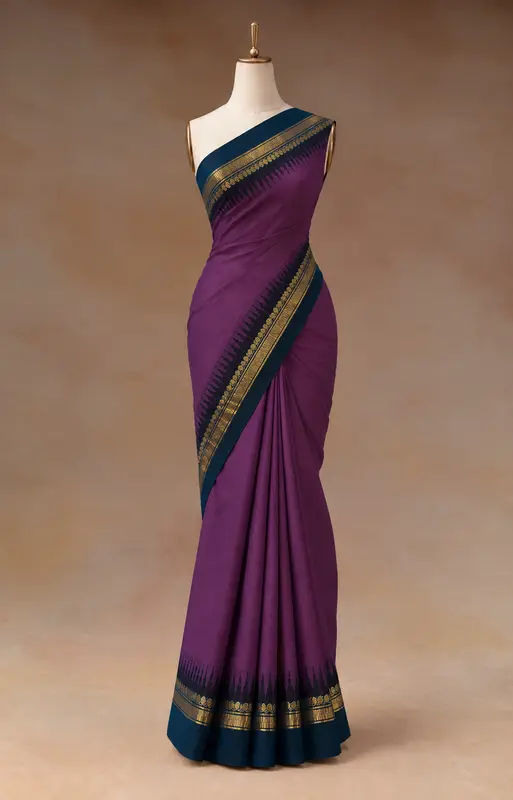 Kanchi Cotton Purple Saree With Blue Border