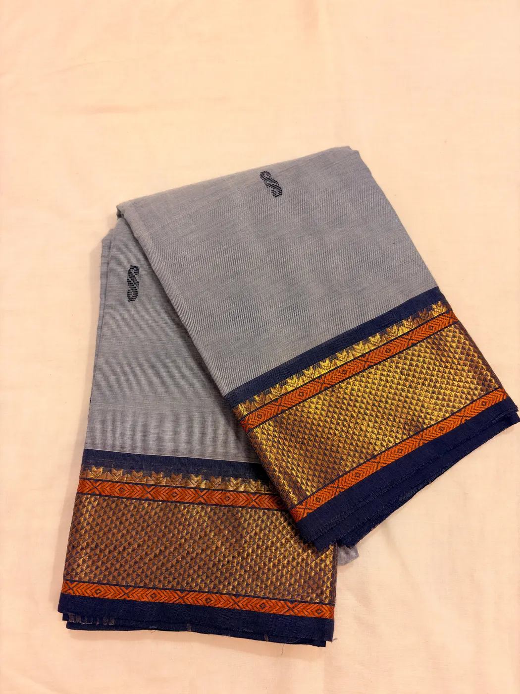 Grey & Dark Blue Kanchipuram Cotton Saree — 2
