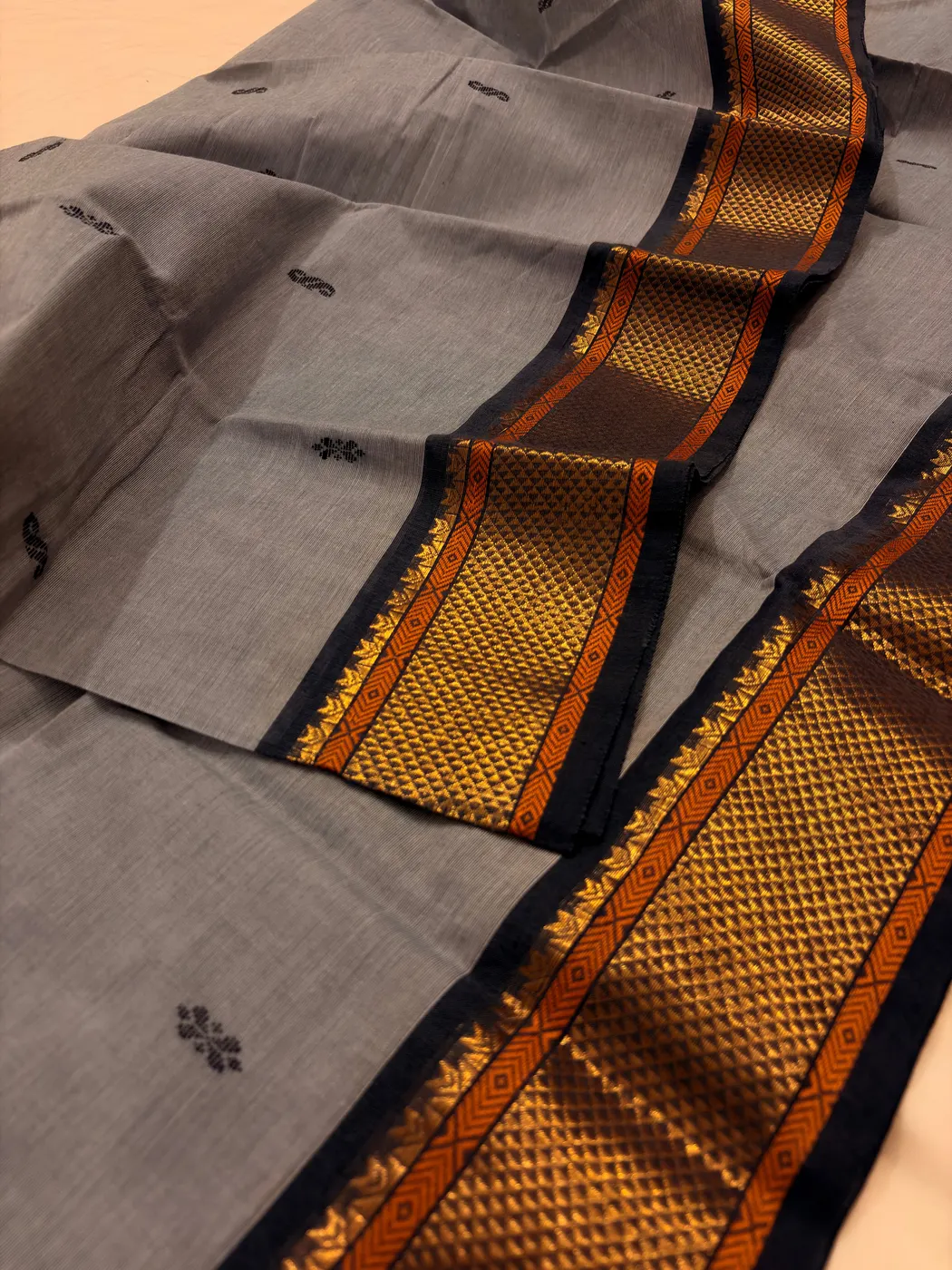 Grey & Dark Blue Kanchipuram Cotton Saree — 3