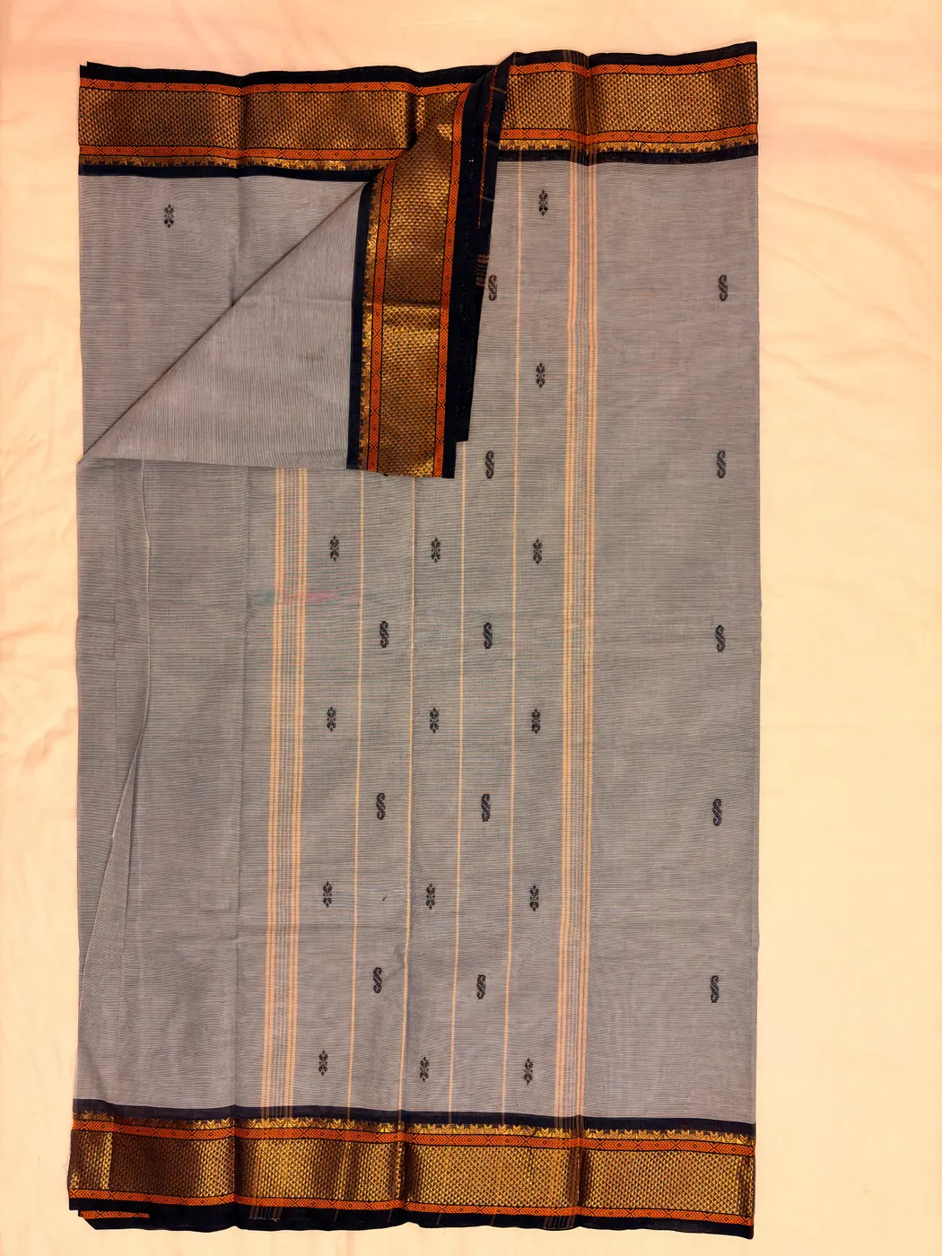 Grey & Dark Blue Kanchipuram Cotton Saree — 4