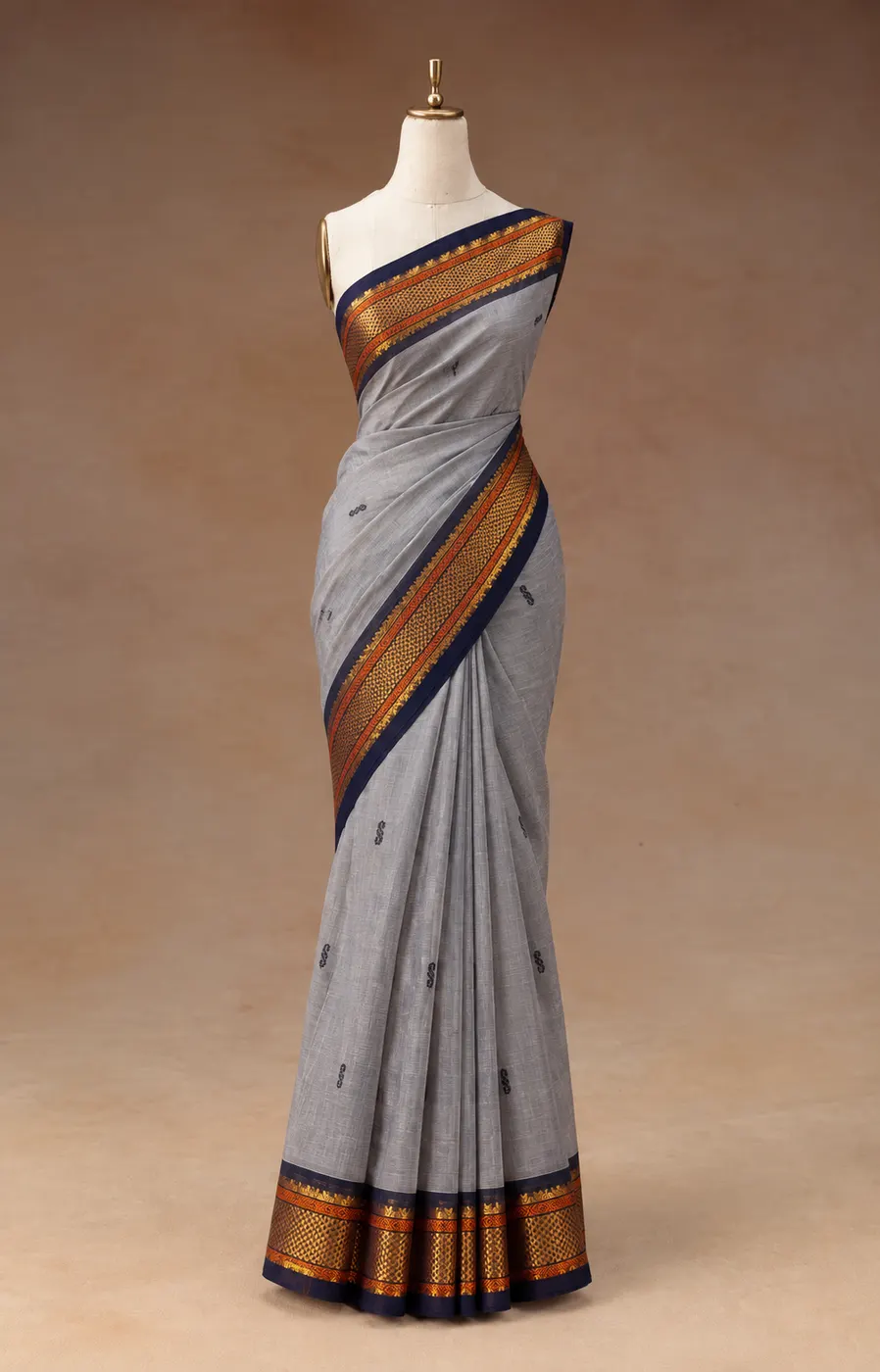 Grey & Dark Blue Kanchipuram Cotton Saree — 1