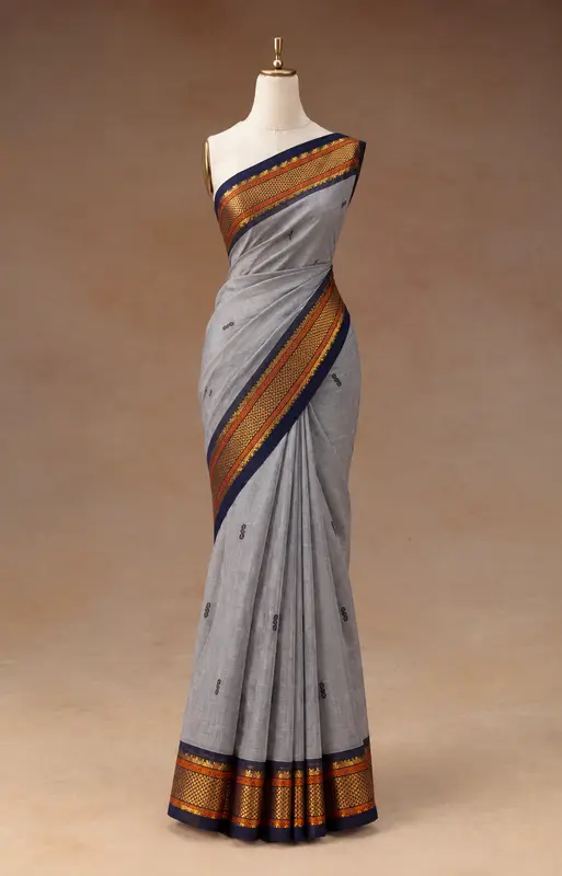 Grey & Dark Blue Kanchipuram Cotton Saree